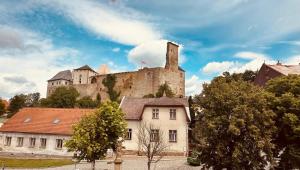 a castle on a hill with houses and trees at Penzion Brixen in Lipnice nad Sázavou +7 photos