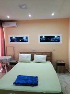 a bedroom with a large bed with two paintings on the wall at Grandino rooms & apartments in Ulcinj +69 photos