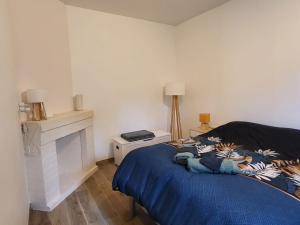 a bedroom with a bed and a fireplace at L'Hirondelle in Fourges