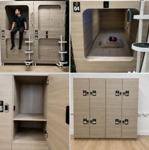 a collage of four pictures of a cabinet with a person in it at Paradise Pods in Gold Coast