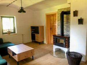 a living room with a wood stove and a table at Apartmán Albrechtice 97 in Albrechtice v Jizerských horách