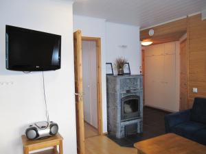 sala de estar con chimenea y TV en Lapin Kutsu Holiday Homes en Saariselka