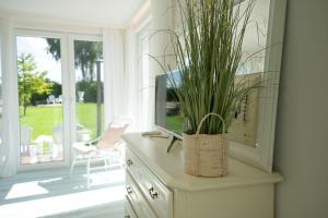 a plant sitting on top of a cabinet with a tv at Meer Weiss in Wangerland +46 photos