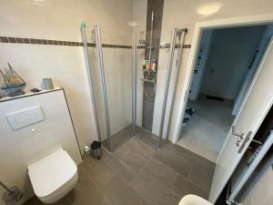 a bathroom with a shower and a toilet at Wangeroase in Wangerland +10 photos