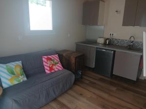 a living room with a couch and a kitchen at Bizi logela in Bidarray