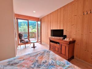 a bedroom with a television and a wooden wall at Chambre Jonquille in Rehaupal