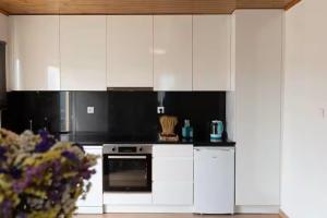 a kitchen with white cabinets and an oven at Geres Andorinhas House in Vieira do Minho