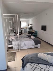 a bedroom with two beds and a mirror at The haven in George +7 photos