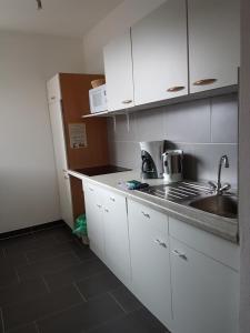 eine kleine Küche mit weißen Schränken und einem Waschbecken in der Unterkunft Ferienwohnung Pichlarn in Aigen im Ennstal