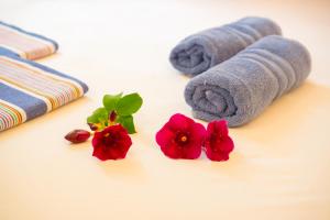 two red flowers and towels on a table at Ocean villa in Hiriketiya +80 photos
