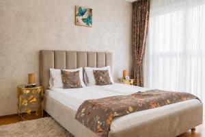 a bedroom with a large bed and a window at Brasov Holiday Apartments in Braşov