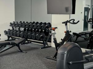 a gym with exercise bikes and a flat screen tv at Movenpick Hotel Melbourne On Spencer in Melbourne