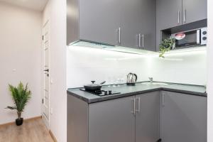 a kitchen with gray cabinets and a counter top at Видові Апарти на Озеро поруч з метро Позняки Харківська Ревуцького in Kyiv