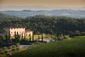 a house on a hill with a road and trees at Tolaini Winery Suites in Castelnuovo Berardenga