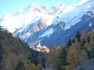 a mountain with a church in the middle of a forest at Gasthof Gemse in Planol