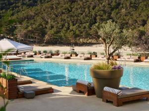 a swimming pool with lounge chairs and a tree next to it at Hyde Ibiza Beach Resort by Accor in Cala Llonga