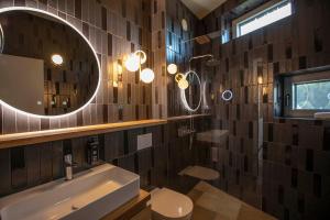 a bathroom with a sink and a mirror at Im-Jaich Naturoase Gustow in Gustow +102 photos