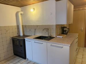 a kitchen with white cabinets and a sink at Haus Lüftleck in Lunz am See +1 photo