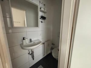 a bathroom with a sink and a mirror and a toilet at Zimmer für 2 Personen-Bad-Kühlschrank-TV-11 in Meine