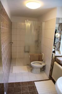 ein Bad mit einem WC und einer Dusche in der Unterkunft Villa Adrienne in Velden am Wörthersee