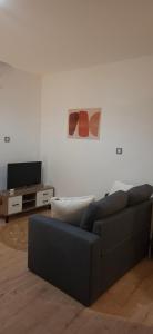 a living room with a couch and a tv at À la brise marine in Saint-Benoît