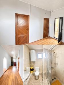 a bathroom with a toilet and a shower and a sink at Hotel Dulgher in Giurgiuleşti