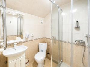 a bathroom with a toilet and a sink and a shower at Hotel Dulgher in Giurgiuleşti