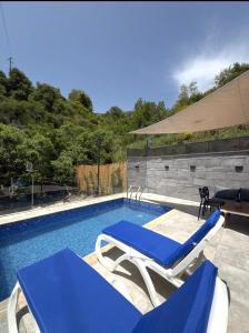 a swimming pool with two blue and white lounge chairs at Amarillis lb 