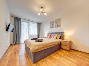 a bedroom with a large bed and a window at Apartment Kapina in Pamporovo