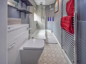a small bathroom with a toilet and a shower at Station House in St Bees