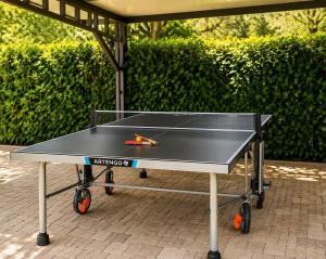 a ping pong table with a pair of scissors on it at Casa Ondina - Private House with Jacuzzi & Big Garden in Central Istria in Šumber