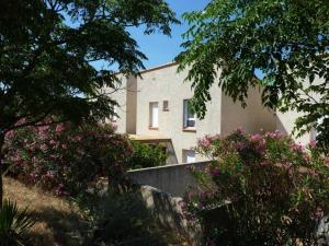 a building with pink flowers in front of it at Rouvenac in Trilla