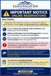 a sign that says important notice online reservations at Cloud Valley Inn in Cherrapunji