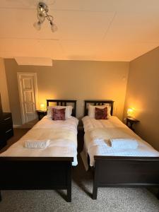 two beds in a room with two lamps at Causeway Lodge in Bushmills