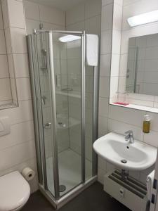 a bathroom with a shower and a sink at Hotel zur Post - Schrobenhausen in Schrobenhausen