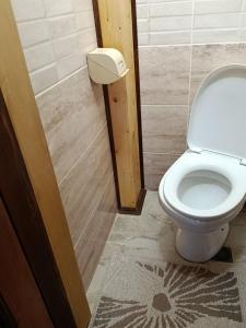 a bathroom with a white toilet in a room at День і ніч in Slavske +4 photos