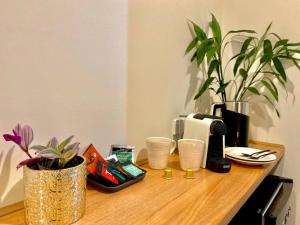 a wooden table with plants and cups on it at Boutique Room - Wamoon Retreat in Yanakie