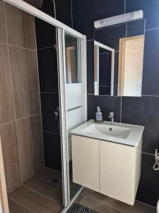 a bathroom with a sink and a shower at Le Ghirol - Tiny Houses & Nature in Quesnel +39 photos