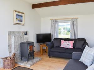 a living room with a couch and a fireplace at Hollinhaven in Blackwaterfoot