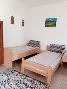 two twin beds in a room with a rug at Smeštaj Mevlida in Belo Blato