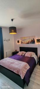 a bedroom with a large bed with a purple comforter at Gîte fabuleux, jardin, terrasse, parking in Saint-Vincent-de-Mercuze