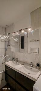 a bathroom with a sink and a mirror at Gîte fabuleux, jardin, terrasse, parking in Saint-Vincent-de-Mercuze +32 photos