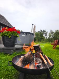 a fire pit with carrots on it in a yard at Brīvdienu mājas Lejnieki in Strante