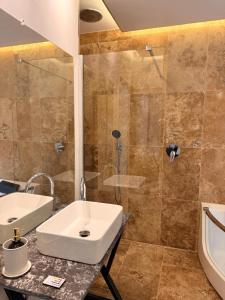 a bathroom with a sink and a shower at Le Clocher de la Duchesse in Bonnelles