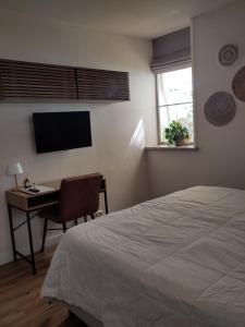 a bedroom with a bed and a desk and a television at HotelPension van Ewijcksluis in Anna Paulowna