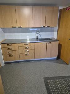 a kitchen with a sink and wooden cabinets at Koivutie Best rooms in Ranua