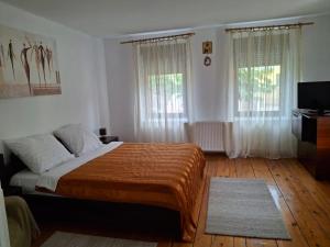 a bedroom with a large bed and two windows at Casa Vintage 27 in Râşnov