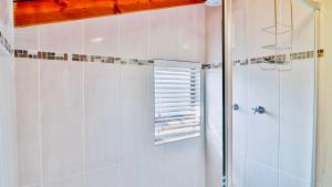 a bathroom with a shower with a glass door at The Fisherman's LAB Cabin in Hermanus +39 photos