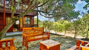 a wooden bench sitting under a tree in front of a house at The Fisherman's LAB Cabin in Hermanus