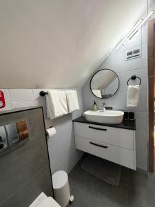 a small bathroom with a sink and a mirror at Vacation with Purpose in Gura Humorului +71 photos